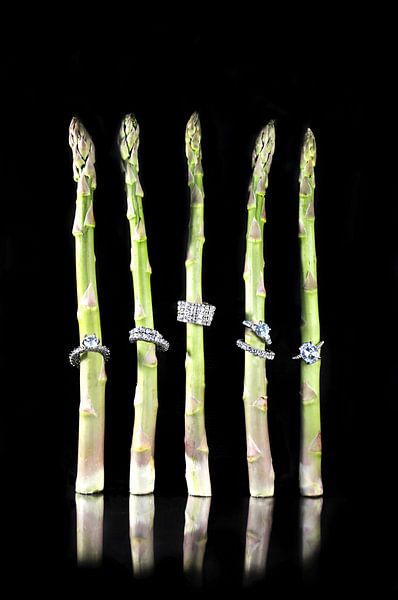 When food meets jewelry...  Asparagus with diamond rings by Moody Food & Flower Shop