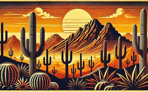 Vintage Mexico, Cactus Sunset Landscape Poster by Chromatic Fusion Studio