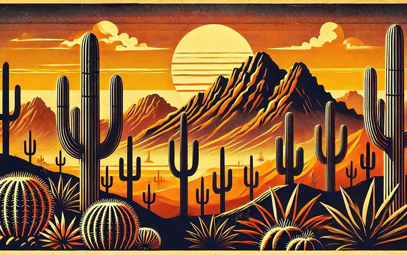 Vintage Mexico, Cactus Zonsondergang Landschap Poster van Chromatic Fusion Studio