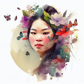 Aquarel Bloemen Aziatische Vrouw #3 van Chromatic Fusion Studio