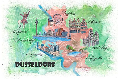 Dusseldorf Germany Illustrated Map with Main Roads Landmarks and Highlights