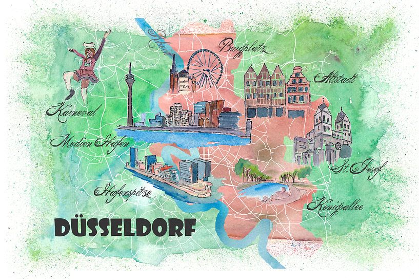 Düsseldorf Duitsland Geïllustreerde kaart met hoofdstraten, bezienswaardigheden en hoogtepunten van Markus Bleichner