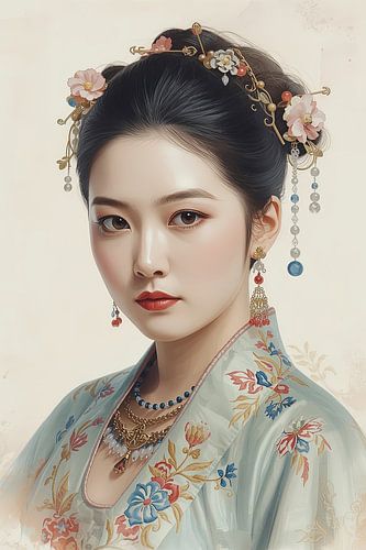 Originele Chinese vrouw in traditionele kleding en juwelen uit de 18de eeuw.