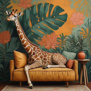 Eine Giraffe, die auf einem Sofa liegt – Dschungelkunst.