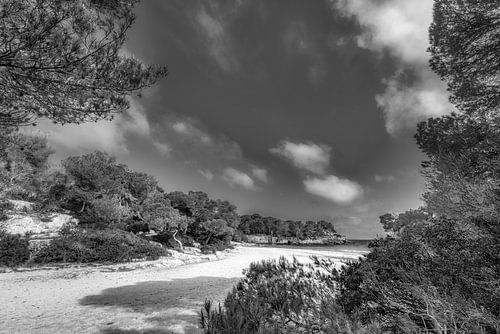Mooie baai met strand op het eiland Menorca. Zwart-wit beeld.