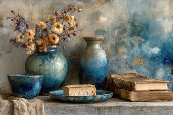 Blauw Keramiek Stilleven met Gedroogde Bloemen - Warm en Tijdloos