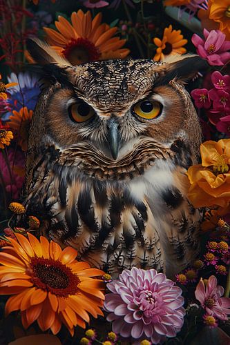 Intrigerende Uil omringd door Kleurrijke Bloei