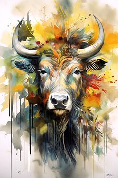 abstract kleurig aquarel van een koe. van Gelissen Artworks