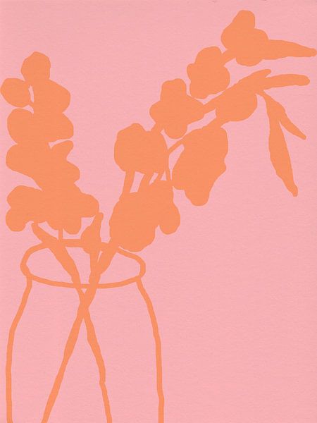 Gladioli in vase. Orange and pink botanical art. by Dina Dankers
