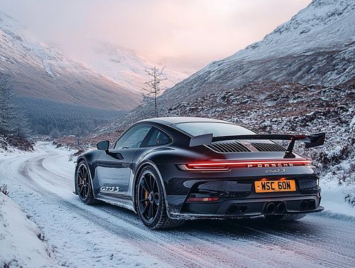 Black Porsche 911 GT3 in snowy Highlands