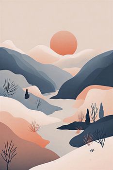 Modern Boho Desert Dunes Abstract Landscape - Layered Pastel Hills Wall Art with Sun and Sage Green Accents