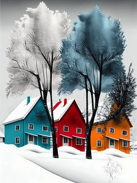 Winterlandschap huizen bomen grafisch gestileerd kleurrijk van gm_designs