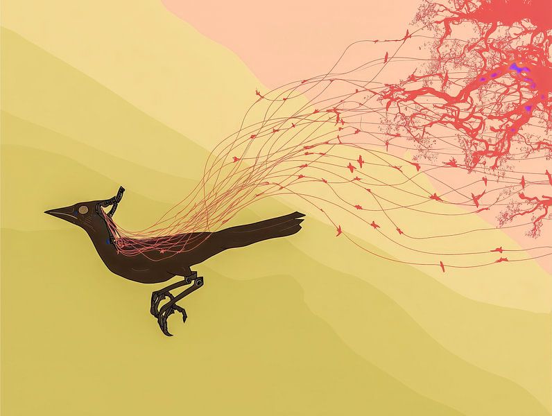 Vogel im Flug mit lebendigen Verbindungen zur Natur von Luc V. de Zeeuw