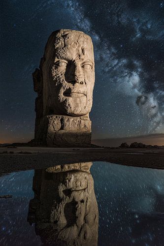 Kolossaal stenen standbeeld bij nacht