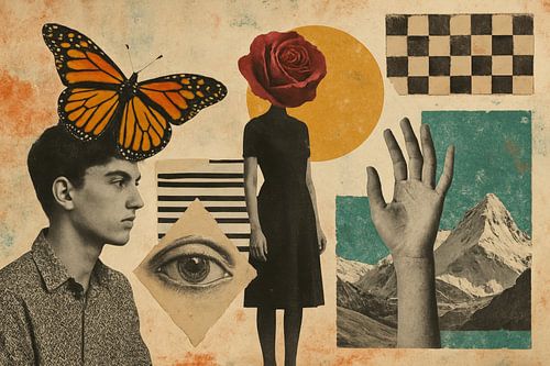 Retro collage met vlinder en zon