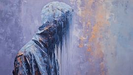 Verzerrte Figur mit selbsttropfender Farbe – Gemälde im Stil des surrealistischen Expressionisten Artheroes von Aden Pink Studio