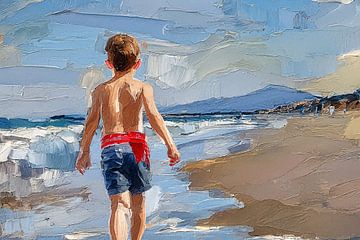 ai gegenereerd schilderij van een jongen die naar het strand loopt