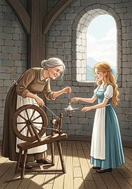 Vrouw met spinnewiel naast jonge vrouw van Markus Gann