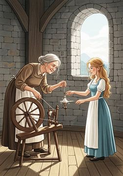 Woman Using Spinning Wheel Beside Young Woman