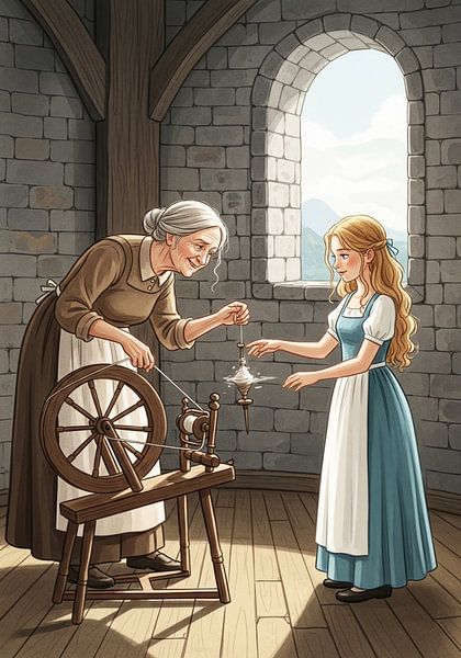 Woman Using Spinning Wheel Beside Young Woman by Markus Gann