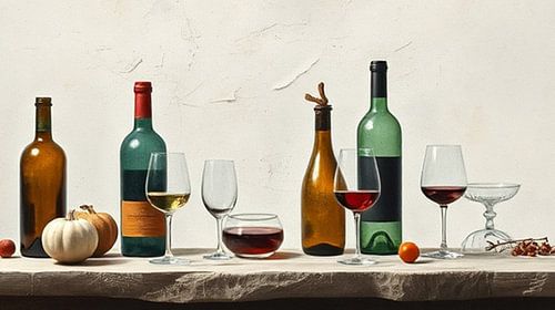 authentiek schilderij van wijn flessen en glazen.