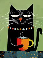 Black cat drinking coffee