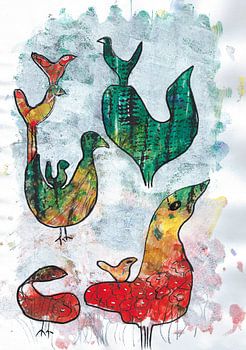 Uniek schilderij van abstracte vogels in het bos