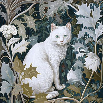 White cat among plants by Vlindertuin Art