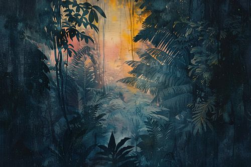 Betoverende zonsopgang in het regenwoud met mist