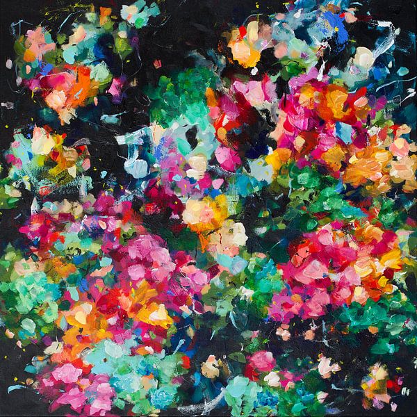Dark Matter - impressionistische Blumenmalerei mit schwarzem Hintergrund von QEIMOY