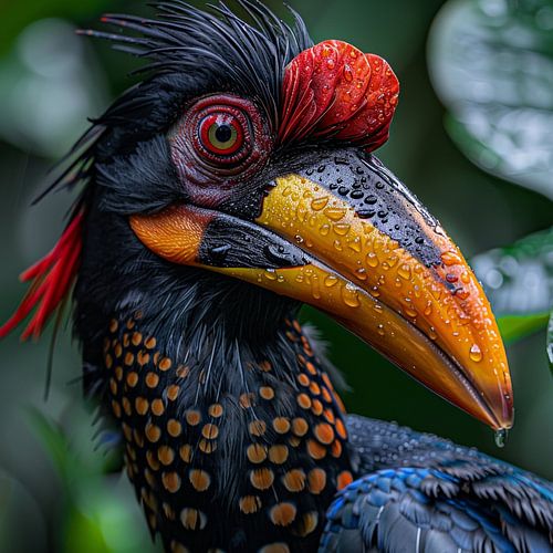 Close-up van een helmneushoornvogel in de regen