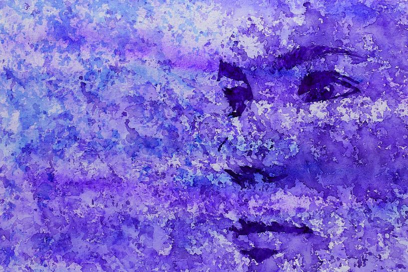Dans l'univers (peinture aquarelle violette portrait visage femme close up yeux spots industriel) par Natalie Bruns