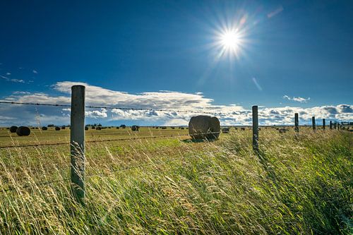 Ronde balen van stro op een geoogst graanveld met dramatische wolkenlucht.