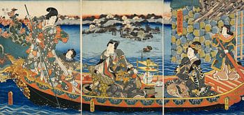 Kunisada, Bootsfahrt mit Wassertemperaturen im Frühling, 1852