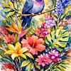 Trocaz duif op tak tussen exotische bloemen (AI) (vrolijke, felle, frisse, kleuren) van Natalie Bruns