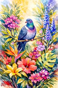 Trocaz duif op tak tussen exotische bloemen (AI) (vrolijke, felle, frisse, kleuren)