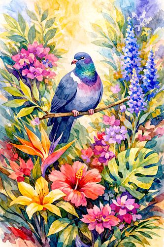 Trocaz duif op tak tussen exotische bloemen (AI) (vrolijke, felle, frisse, kleuren)