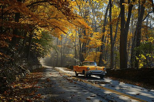 Gele auto in boslandschap