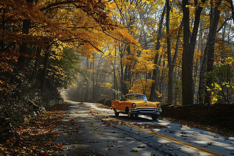 Gelbes Auto in Waldlandschaft von Art & Soul Creations