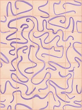 Modern en abstracte lijnen op een tegelpatroon, zalm - lila van Mijke Konijn