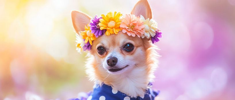 Chihuahua with wreath of flowers in the sunlight by Poster Art Shop