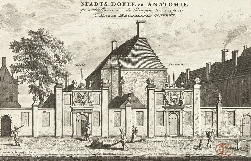 Coenraet Decker, Gezicht op de Stadsdoelen en Chirurgijnskamer te Delft, 1678 - 1703 van Atelier Liesjes