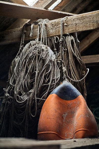 Rustic photo of old fishermen out with rope and buoy on Godøy, Ålesund, Norway by qtx