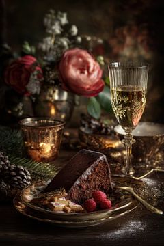 Chocolate cake and champagne - elegant romantic still life by Joriali photography and paintings