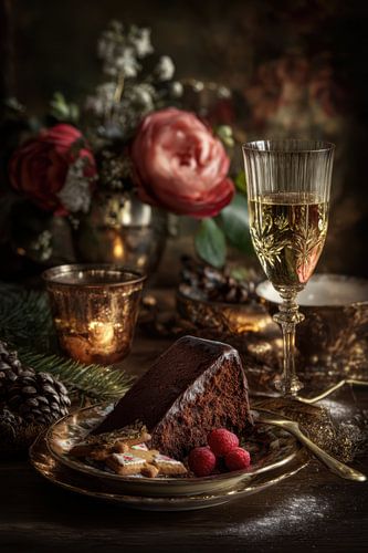 Chocoladetaart en champagne - elegant romantisch stilleven