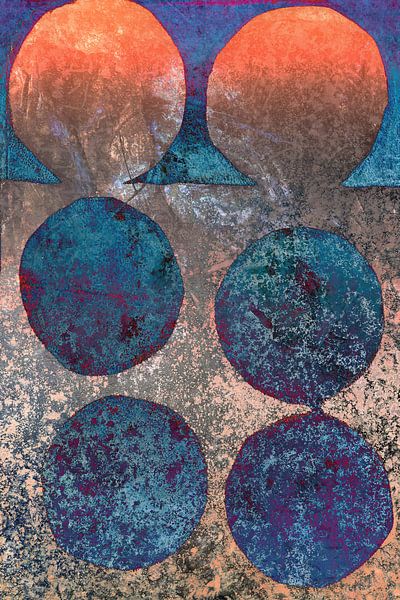 Modern abstract geometric minimalist art in neon orange, blue and rusty bronw by Dina Dankers