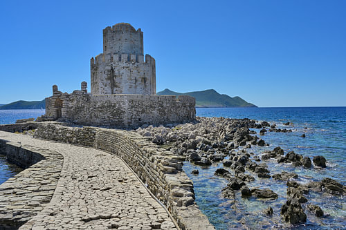 The Bourtzi Tower of the historic castle of Methoni in Greece
