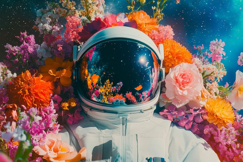 Astronaut in a sea of flowers - fantastically colourful by Poster Art Shop
