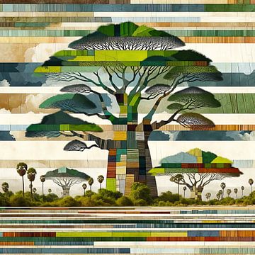 Collage baobab, acacias et buissons sur Lois Diallo