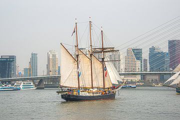 Driemaster voor de Erasmusbrug en de skyline van Rotterdam